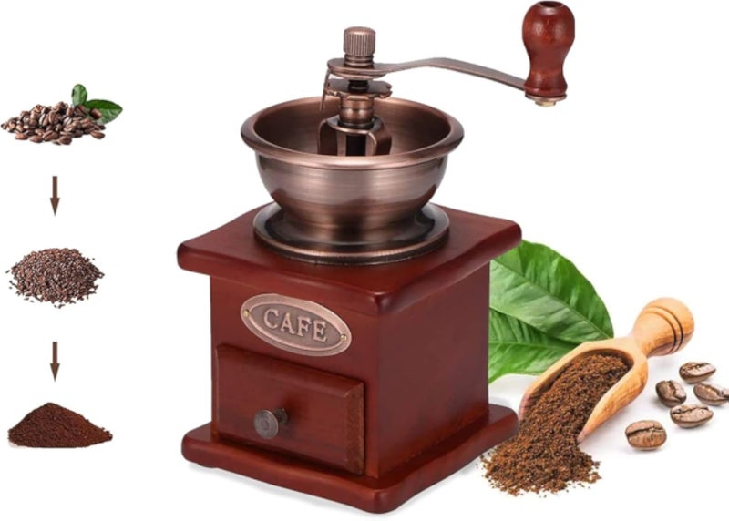 Manual Coffee Grinder Adjustable Coarseness Coffee Grinder Coffee Bean Mill Vintage Wooden Hand Mill Handheld Coffee Grinder for Home Kitchen Office Camping Travel